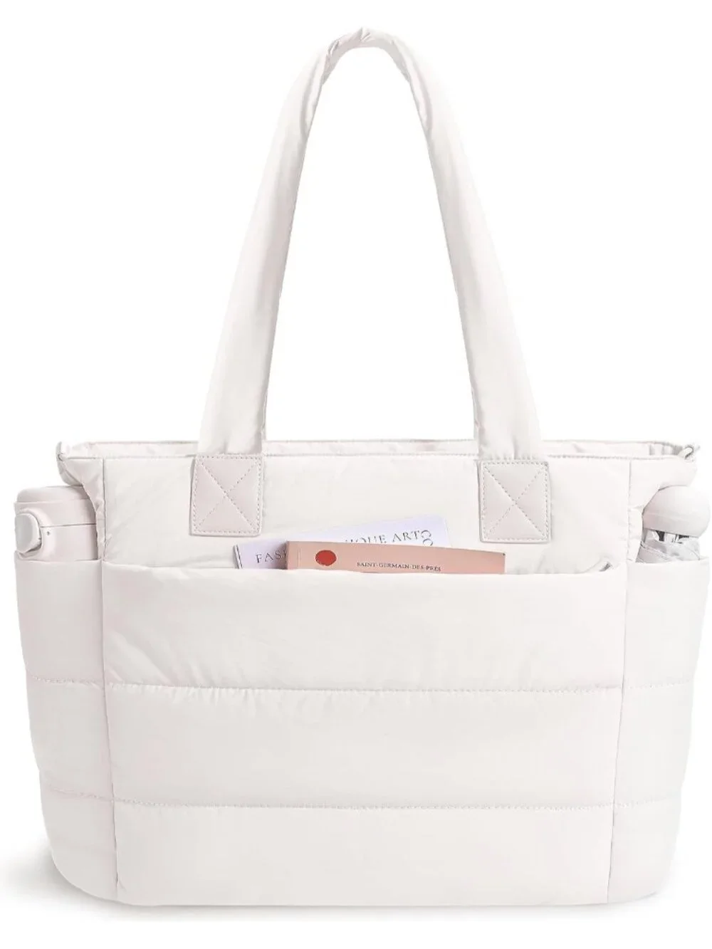 👜Women's Beige Quilted Puffer Tote Bag Lightweight Work For Travel Handbags
